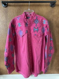 Vintage Men’s 15 1/2 x 34 Wrangler Pink Aztec Mandarin Collar Brushpopper Shirt - Picture 1 of 7