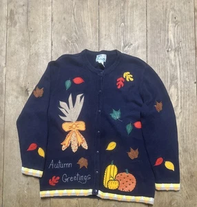 Quacker Factory Navy Blue Fall cardigan sweater Size L Leaves Pumpkins - Picture 1 of 8
