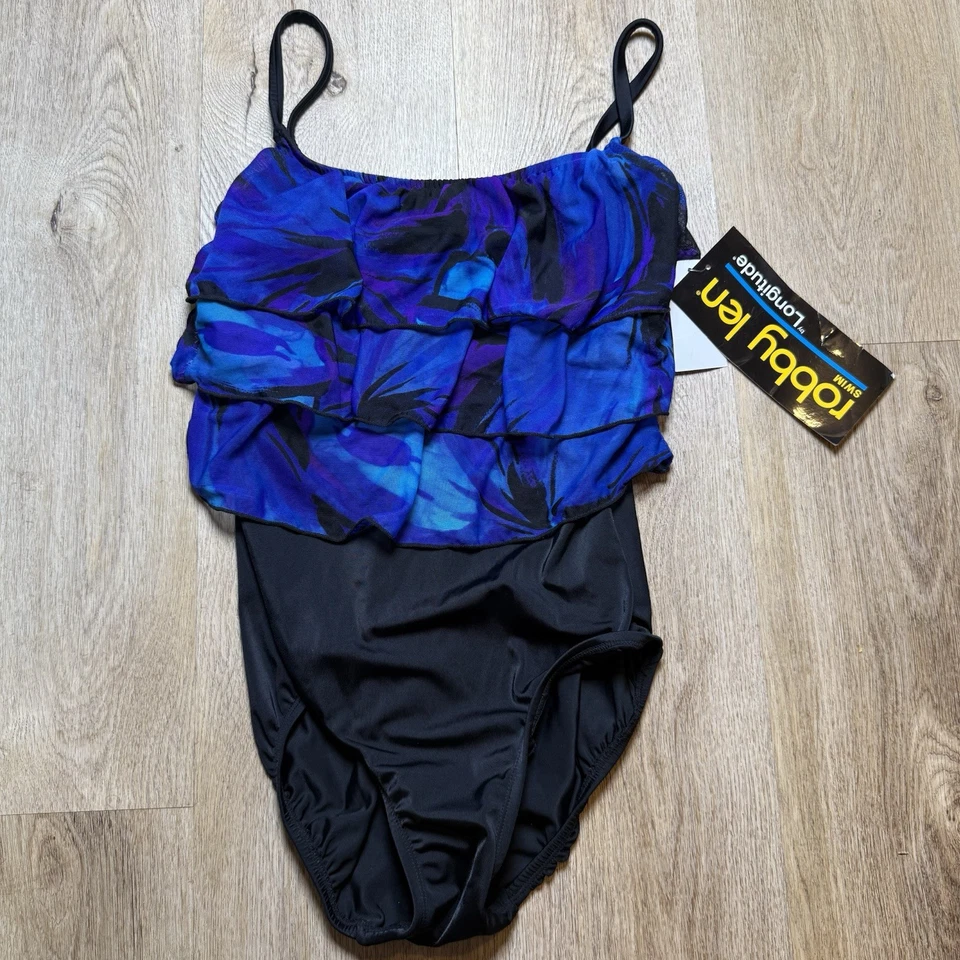 Vintage Robby Len Blue Ruffle & Black One-Piece Swimsuit Womens Size 12 - Image 1 of 4