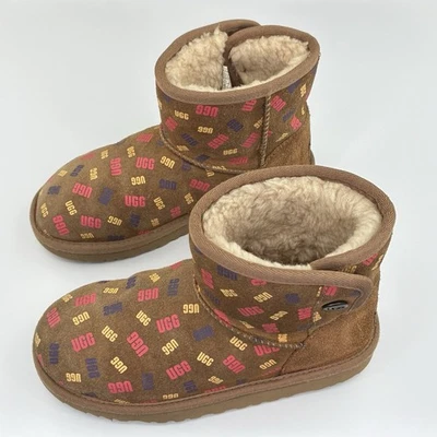 UGG Australia Girls Jona Confetti Logo Boots Kids Size 3 Suede Fur Lined Brown - Image 1 of 4