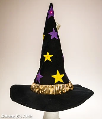 Sombrero de Bruja Negro Puff Pintura Estampado de Estrellas Sombrero de Halloween con Luces LED y Banda Dorada OS Foto 1 de 2