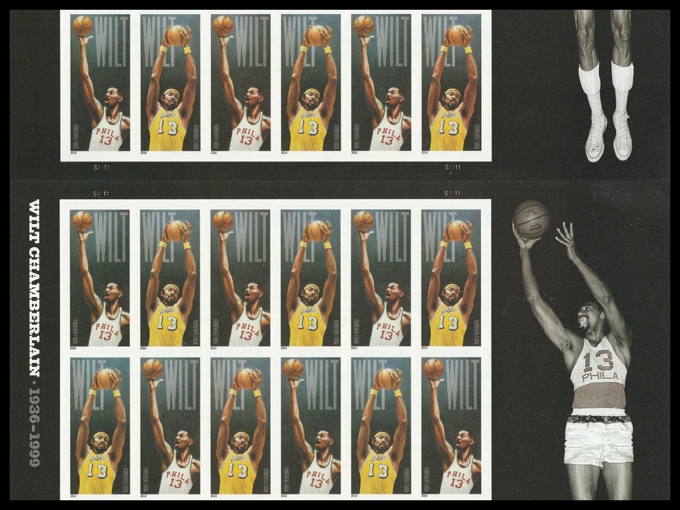 US 4951b Wilt Chamberlain imperf NDC horz gutter block 18 MNH 2014 - Image 1 of 1