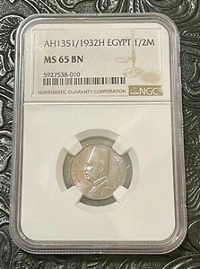 EGYPT, 1932H BRONZE 1/2 MILLIEME. KING FOUAD. NGC MS 65BN TOPPOP. RR - Picture 1 of 3