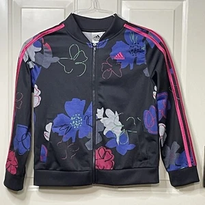 Adidas Black Pink Floral Full Zip Long Sleeve Track Jacket Girls Youth Sz XL 16 - Picture 1 of 3