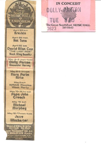 DOLLY PARTON. RARE 1970'S TICKET AND CONCERT AD. THE GREAT SOUTHEAST MUSIC HALL Cover
