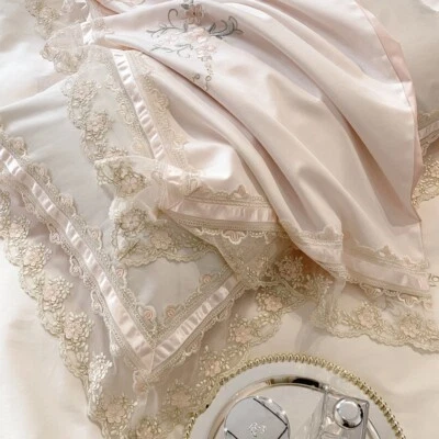 Bedding Set 4pcs 100s Cotton Embroidery Lace Flowers Duvet Cover Flat Sheet Set - Image 1 of 4