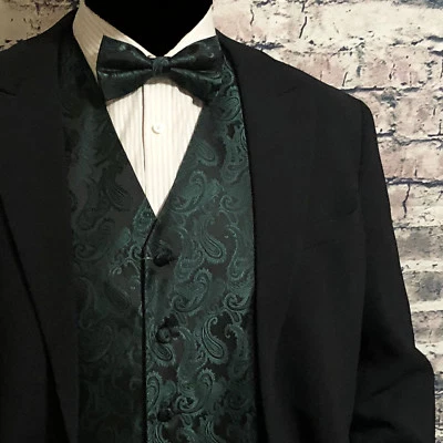 Dark Forest Green Paisley Tuxedo Suit Dress Vest Waistcoat& Bowtie Wedding Prom - Image 1 of 4
