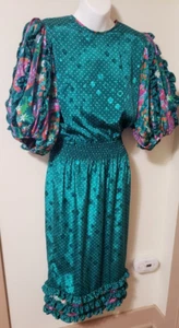 Vintage Susan Freis Dress. Green, Ruffle Sleeves And Hem. Size XS - Picture 1 of 15