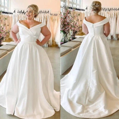 Elegant A Line Wedding Dresses Off Shoulder Satin Plus Size Bridal Gowns Custom - Image 1 of 4