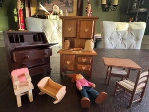 Dollhouse Furniture Lot 7 Pieces Vintage Hutch Secretary Desk Baby Set Kitchen - Picture 1 of 15