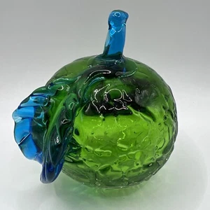 Art Glass Raised Squiggly Pattern Green Apple Blue Stem Leaf Paperweight - Picture 1 of 15