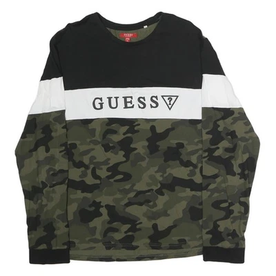 Camiseta gráfica camuflada masculina GUESS preta e branca e verde GG manga longa tripulação - Imagem 1 de 4