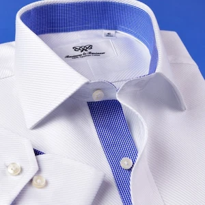 White Twill Business Dress Shirt With Blue Check Inner Lining Single Cuff Top - Bild 1 von 8