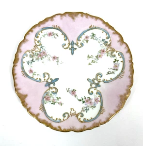 T&V Limoges Frankreich 7" Blumenteller rosa & blau mit Goldrand handbemalt signiert - Bild 1 von 7