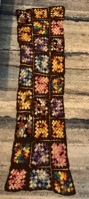 Vintage Granny Squares Rainbow Knit Kitschy Crochet Afghan Blanket TABLE RUNNER - Image 1 of 3