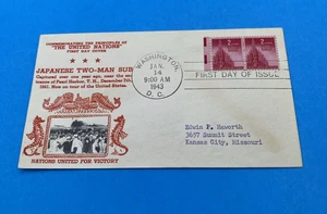 1943 FDC Scott 907 Nations United Crosby Japanese Two-Man Sub Washington DC FDOI - Picture 1 of 4