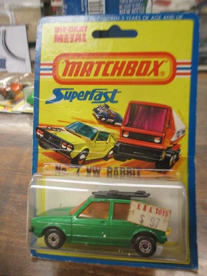 Vintage 1976 Matchbox No. 7 VW Rabbit W/ Black Surfboards Carded Lesney England - Image 1 of 3