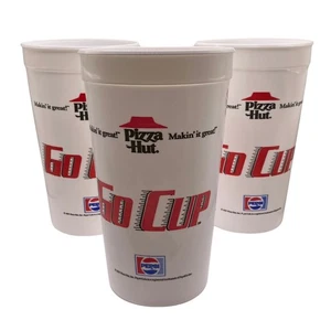 3er Set Vintage 1987 Pizza Hut Pepsi "Go Cup" Kunststoff Becher - weiß/rot - 7" - Bild 1 von 4