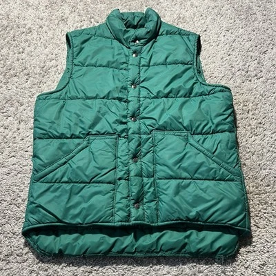 True Vintage LL Bean Puffer Quilted Cursive Vest 70s Snap Green Large Mens - Image 1 of 4
