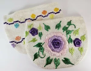 Vtg 2 Handless Straw Purses Embroider Crewel Button Snap Closure Floral MCM Boho - Picture 1 of 10