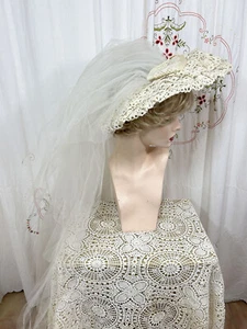 Vtg 50s Ecru Lace Wedding Platter Hat Wide Brim Open Crown w/Tulle Veil New Look - Picture 1 of 11