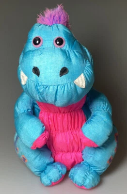 Antigo brinquedo de náilon puffalump rosa azul roxo dinossauro dragão bicho de pelúcia SONS - Imagem 1 de 4