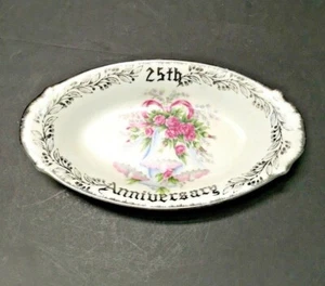 SILVER TRIMMED WHITE 25th ANNIVERSARY DISH NORCREST FINE CHINA B-306 JAPAN - Picture 1 of 4