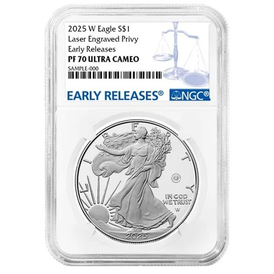 2025-W Proof $1 American Silver Eagle feixe de laser privado NGC PF70UC ER etiqueta azul - Imagem 1 de 3