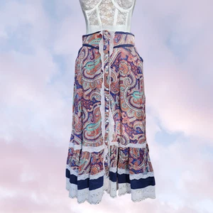 Vtg Handmade Ruffle Paisley Colorful Frill Whimsi Pocket Lace Button Up Skirt - Picture 1 of 8
