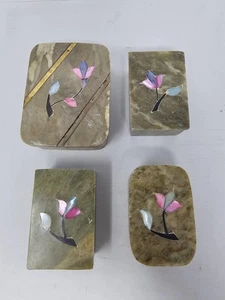 Set of 4 Soap Stone Inlay Floral Trinket Jewelry Boxes Rectangular Green - Picture 1 of 9