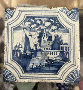 Antike Delfter Fliese, Hausbaum / Schiff Stadtlandschaft - 18. Jahrhundert - Bild 1 von 5