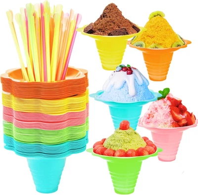 200 Pcs 4Oz Colorful Flower Snow Cone Cups with Spoon Straws, Snow Cone Bowl, Pl - Image 1 of 4