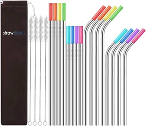 16 Pack Reusable Stainless Steel Straws with Silicone Tips Metal Drinking Straws - Picture 1 of 11