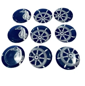 9 Pc Melamine 6” Appetizer Snack Plates Beach Seahorse Navy Blue White - Picture 1 of 4