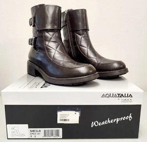 Aquatalia Sheila Motorcycle Boot, Espresso Brown, Calf, Size 8 B, Side Zipper - Picture 1 of 14