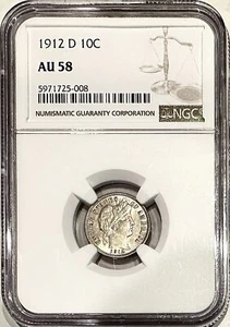 1912 D BARBER SILVER DIME NGC AU58 - Picture 1 of 2