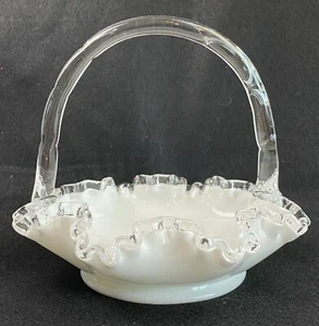 Fenton Silver Crest Milk Glass Basket Crimped Ruffled Edge Vintage Silvercrest - Picture 1 of 5