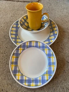 Retro Royal Wessex set Dinner+Side plates Bowls+mugs Yellow+Blue Check - Picture 1 of 3