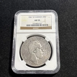 1867 ST SWEDEN, Karl XV, Riksdaler Specie 4 Riksdaler Riksmynt  AU 55 NGC - Picture 1 of 5