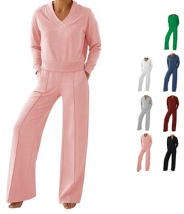 2 Piece Wide Leg Pant Crop Top Lounge Set Women's Medium Pink Gray High Rise - Picture 1 of 3