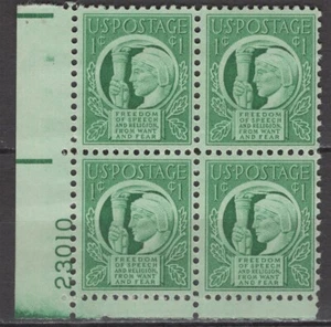 SC# 908 - 1943 - 1¢ - Four Freedoms - Mint Never Hinged - Plate Block of 4 - Picture 1 of 1