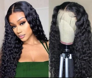 Deep Wave Lace Front 100%Human Hair Wigs Indian Curly Remy 200% Lace Frontal Wig - Picture 1 of 24