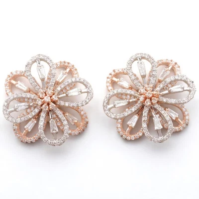 1.96ct Natural Diamond Earrings 14k Gold Dual Tone Baguette Floral Statement - Image 1 of 4