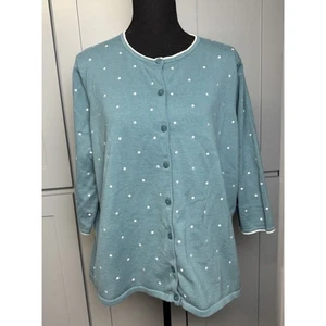 Womens XL Sweater Palette Green Sage Polka Dot 100% Cotton 3/4 Sleeve Cardigan - Picture 1 of 8