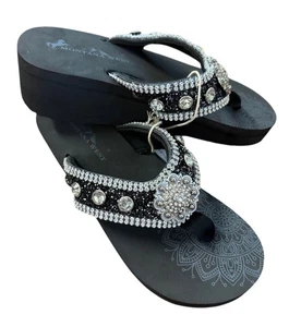 Montana West Black Glitter Flip Flops Rhinestone Studs and Concho NIB - Picture 1 of 5