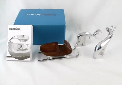 Mini trineo Nambe Holiday de madera y plata con dos renos número MT1188 Foto 1 de 4