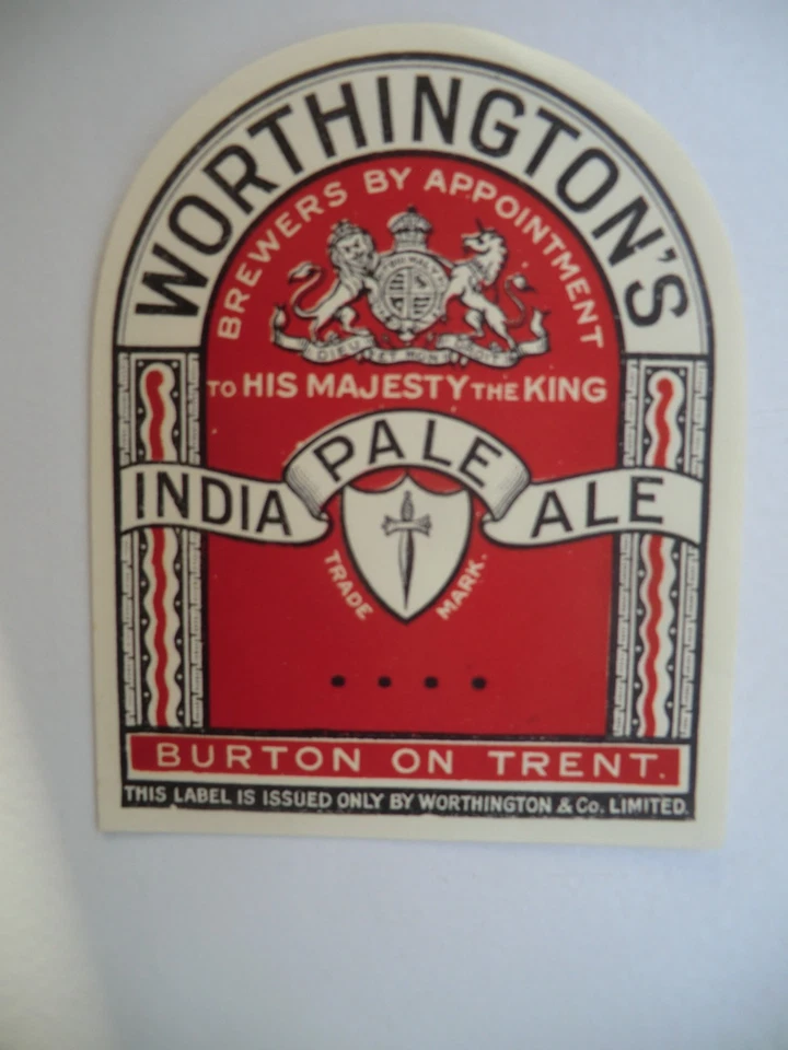 LARGER MINT WORTHINTON BURTON TO HIS MAJESTY KING IPA 4 DOTS  BREWERY BEER LABEL - Image 1 of 1