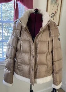 NWT FRENCH CONNECTION Winter Jacket Size Large Sherpa Trimmed Camel Puffer - Picture 1 of 16