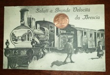 Cartolina d'epoca paesaggistica Italia Brescia treno saluti gran velocità