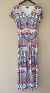 KALEIDOSCOPE PRINT MAXI DRESS Size 18 46 EU Tie Belt Belted Stretch Short Sleeve - Picture 1 of 8